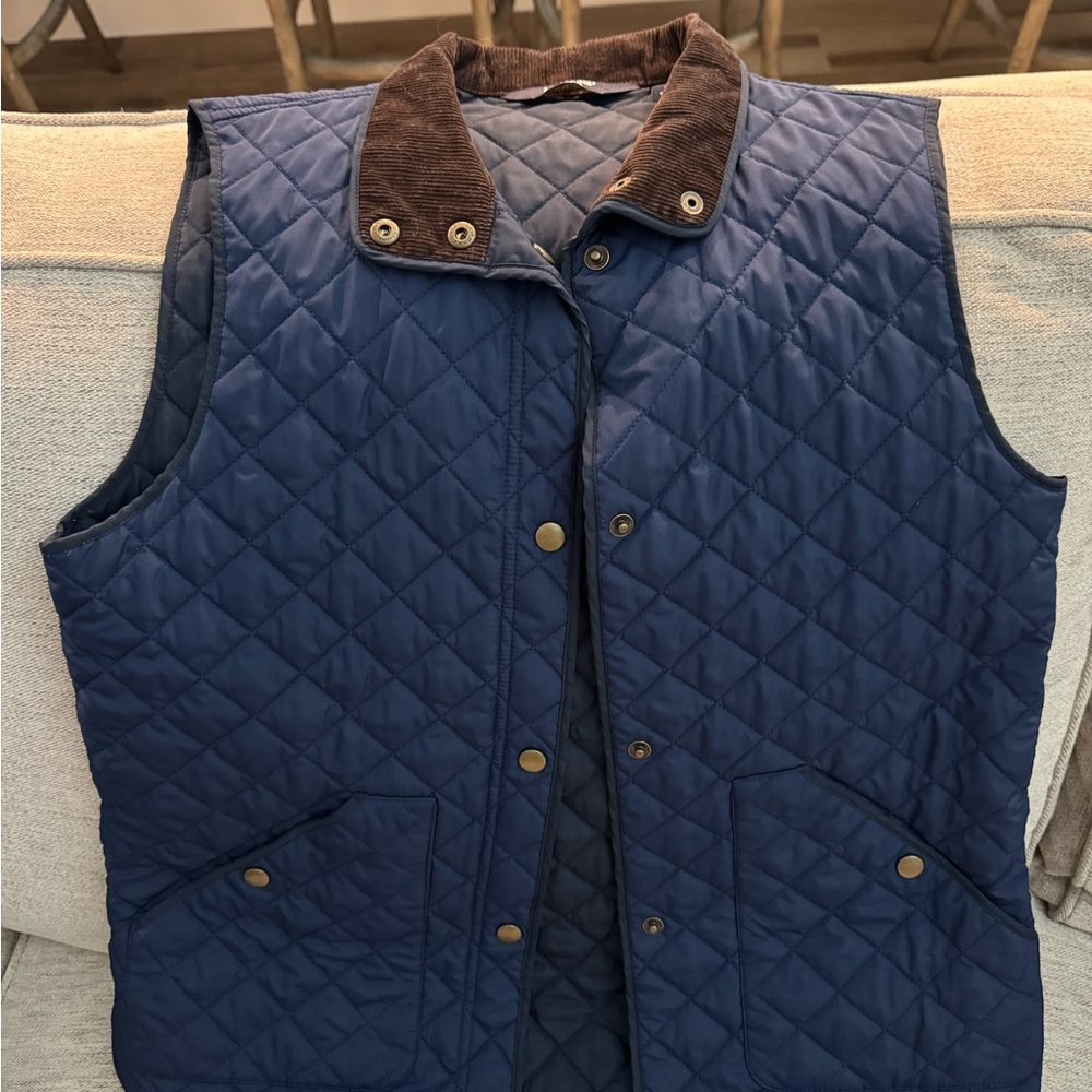 Lands' End Quilted Navy Vest with Brown Accents